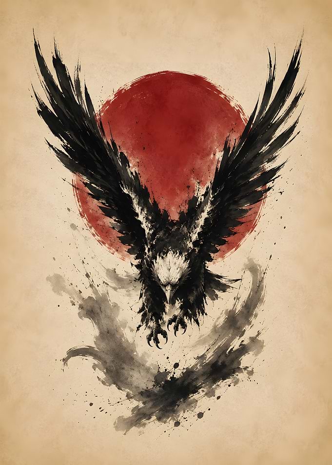 The Majestic Eagle Crimson Sun Ink Poster