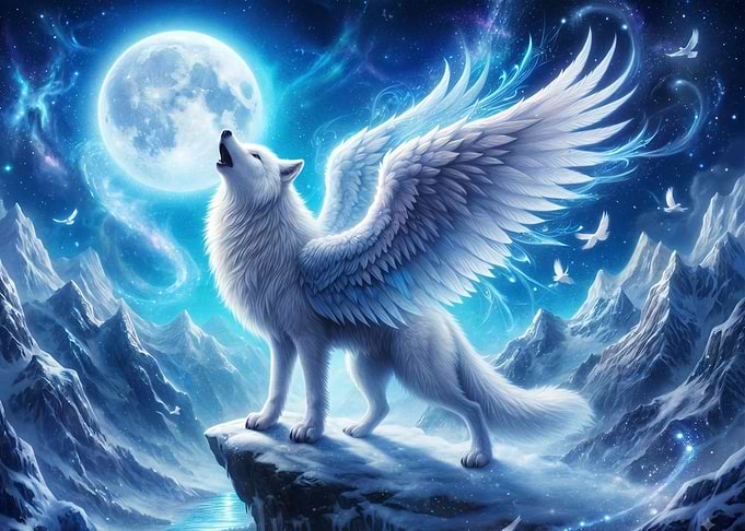 Winged White Wolf Under Full Moon