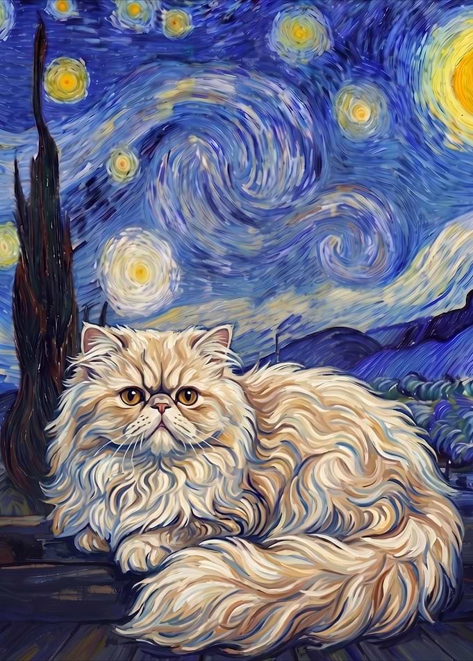 Persian Cat in Starry Night Style