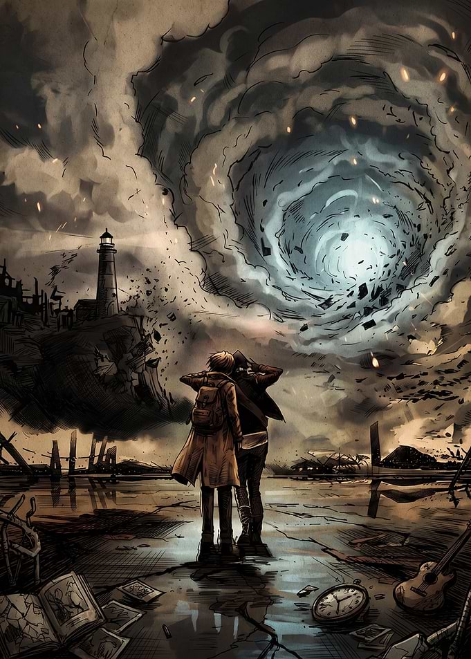 Two Figures Facing a Cosmic Vortex