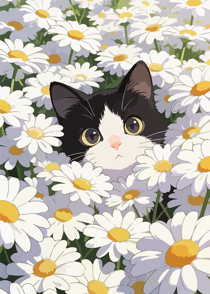 Cute Cat in Daisy Field