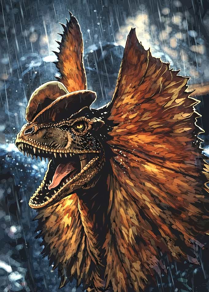 Dilophosaurus Dinosaur in the Rain