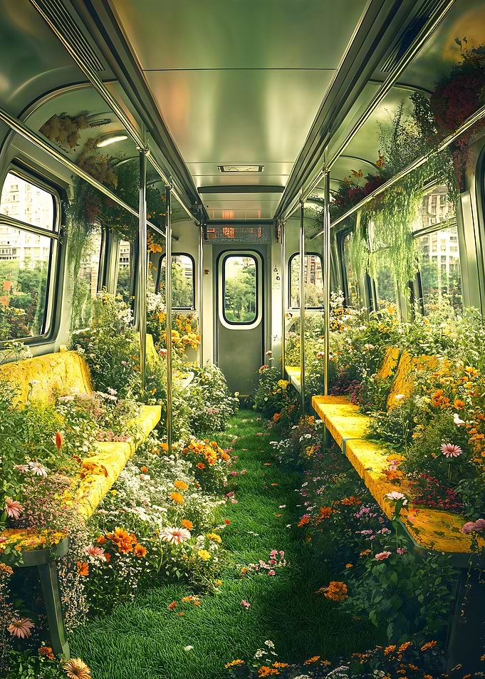 Overgrown Floral Subway Train Interior