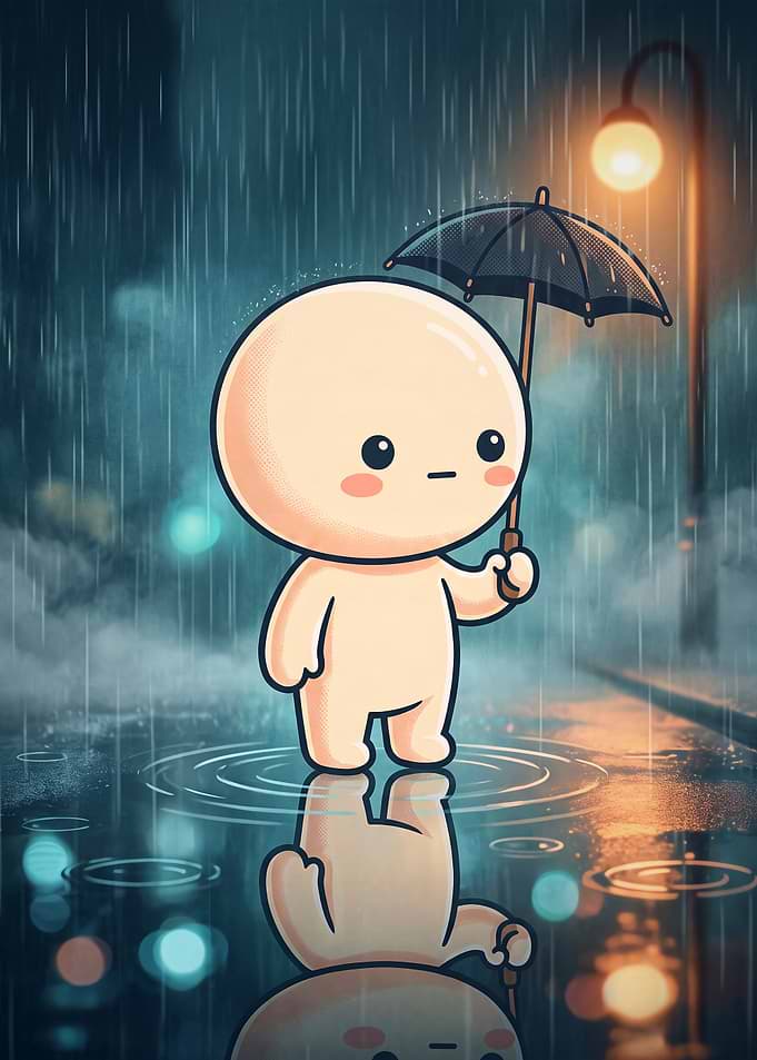 Cute Character Standing in the Rain