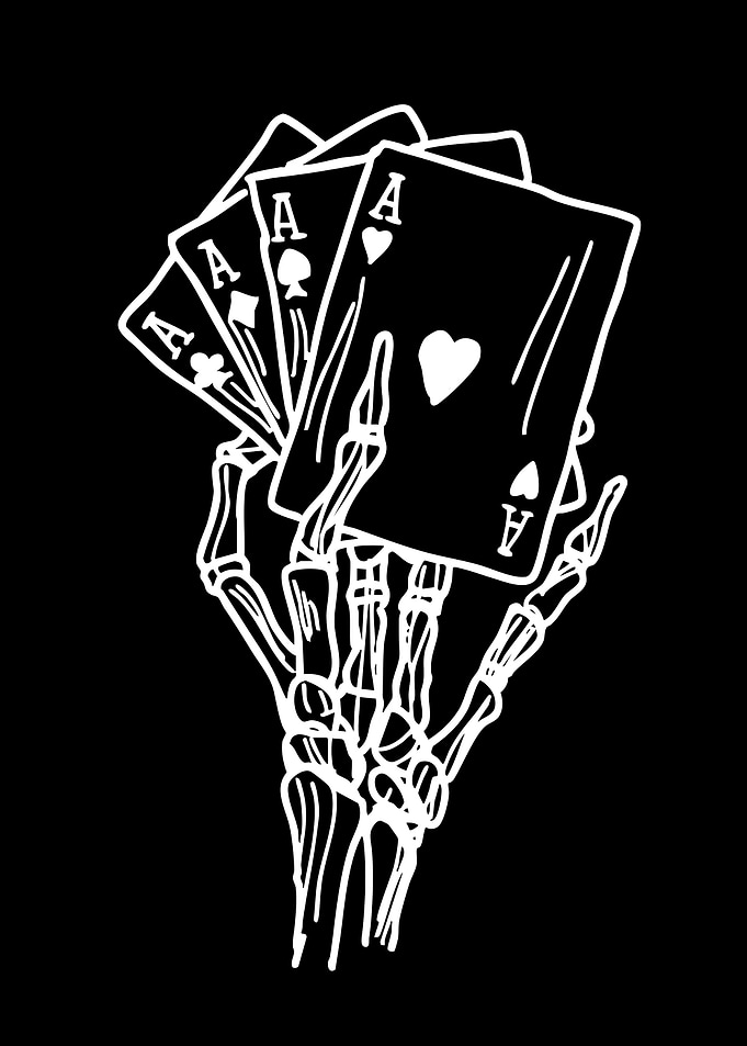 Skeleton Hand Holding Four Aces