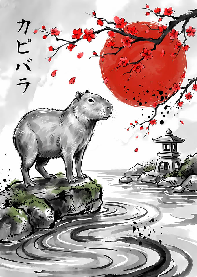 Capybara in Traditional Japanese Ink Style