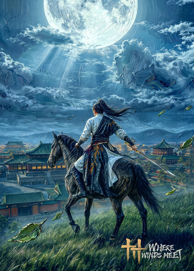 Warrior on Horseback Under Full Moon