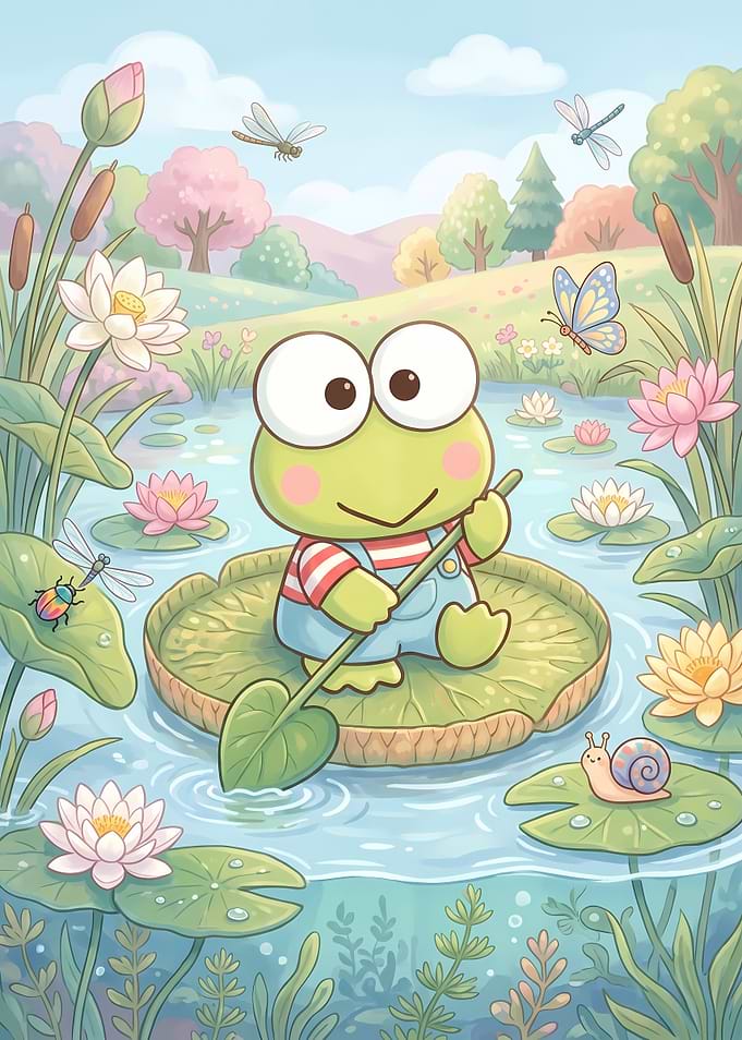 Keroppi Frog Paddling on Lily Pad