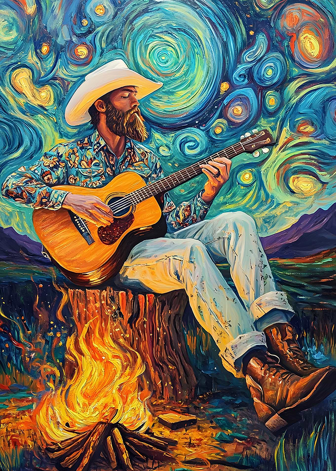Cowboy Playing Guitar Under Starry Sky
