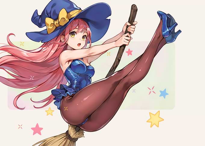 Cute Anime Witch Flying on Broomstick