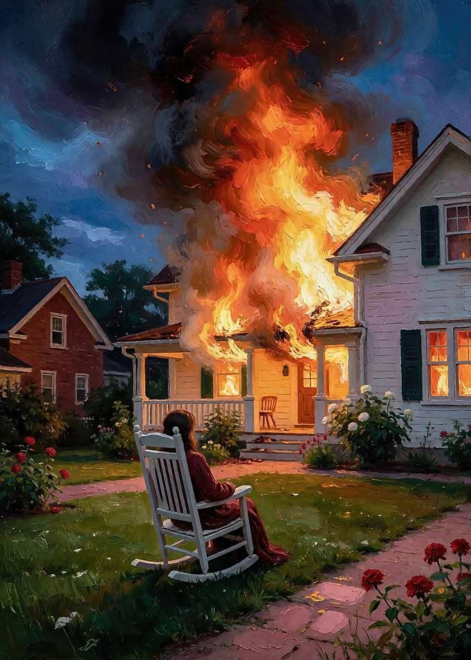 Woman Watching House Fire