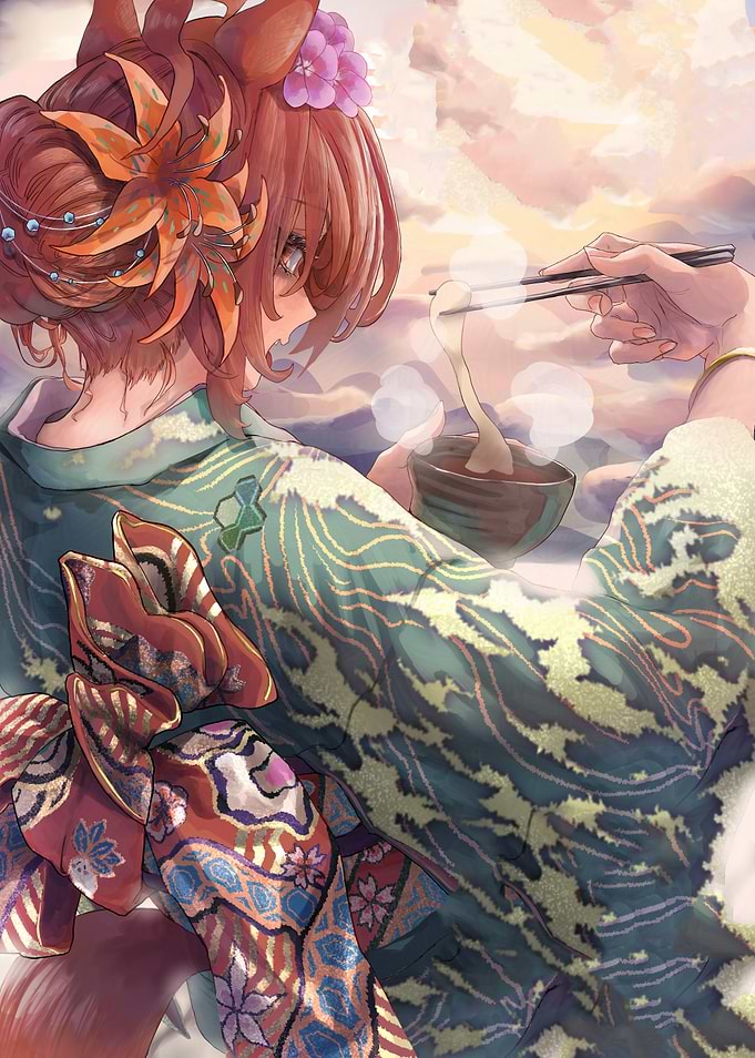 Anime Girl in Kimono Eating Mochi