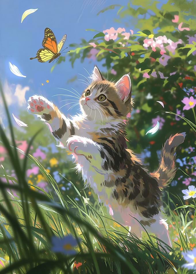 Kitten Playing with a Butterfly