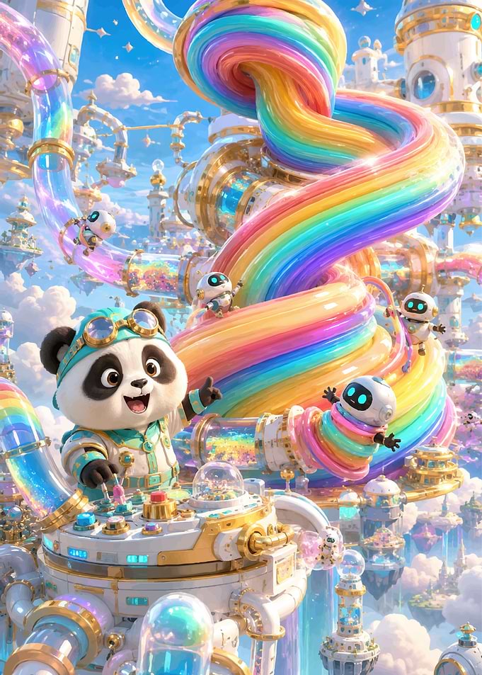 Panda Engineer in Rainbow Cloud City