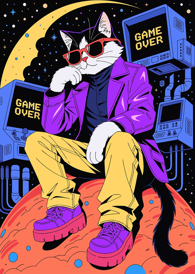 Cool Retro Gaming Cat Illustration