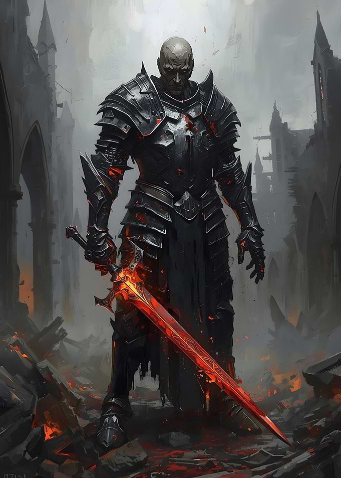 Dark Armored Knight Wielding a Flaming Sword in Ruined Cathedral