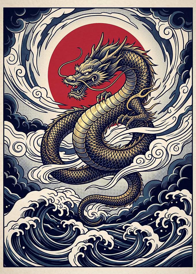 Traditional Japanese Dragon and Sun Art