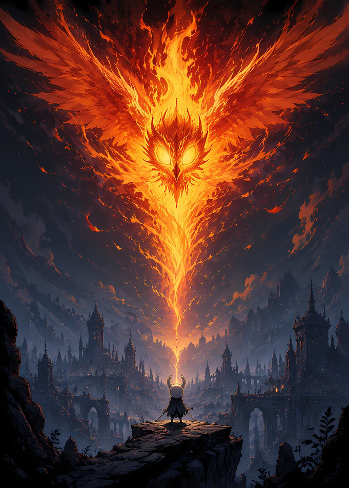 Hollow Knight Facing Fiery Phoenix