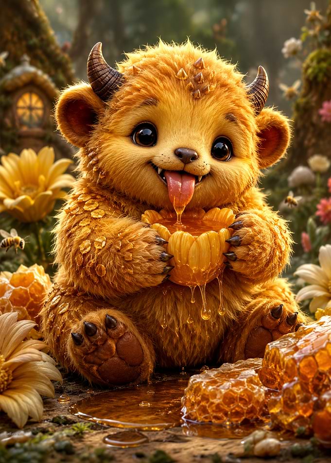 Cute Baby Monster Eating Honey