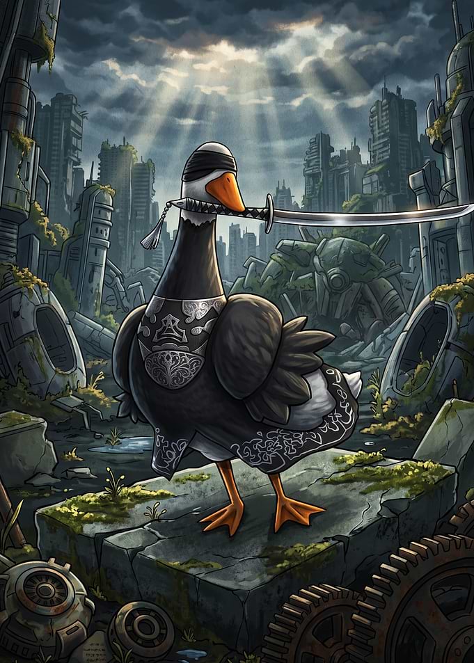 Blindfolded Samurai Duck in Ruins