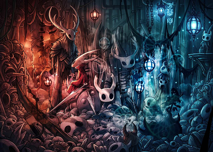 Hollow Knight Characters in Dark Setting