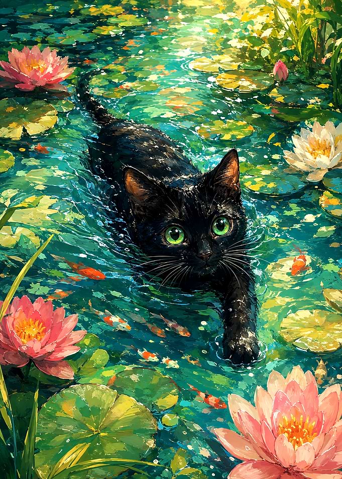 Black Cat Swimming in Pond