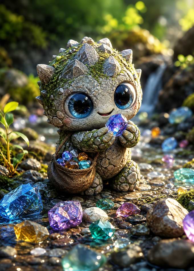Cute Stone Creature Collecting Gemstones