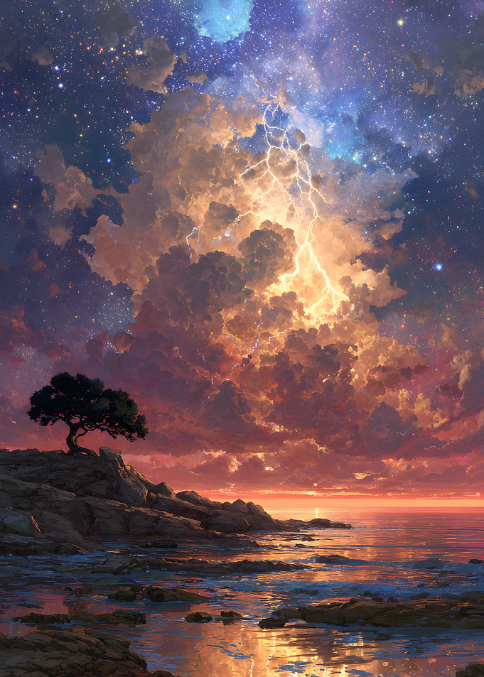 Lightning Storm Over Coastal Landscape