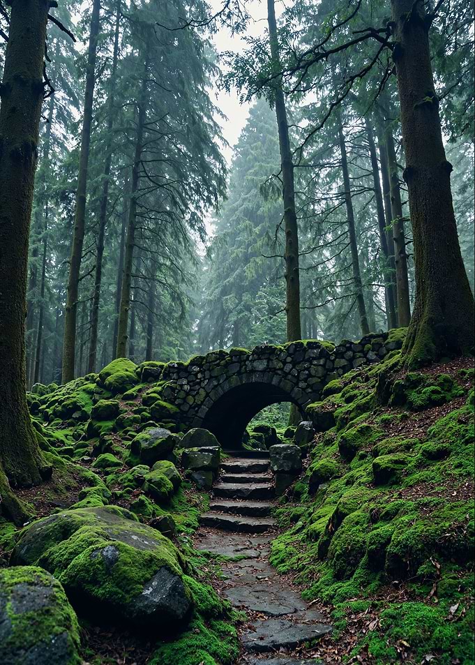 Enchanted Stone Bridge in Misty Forest