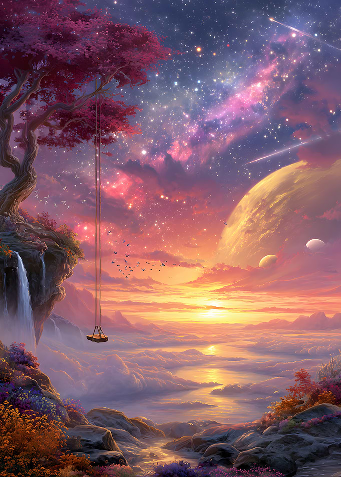 Dreamy Celestial Landscape with Swing