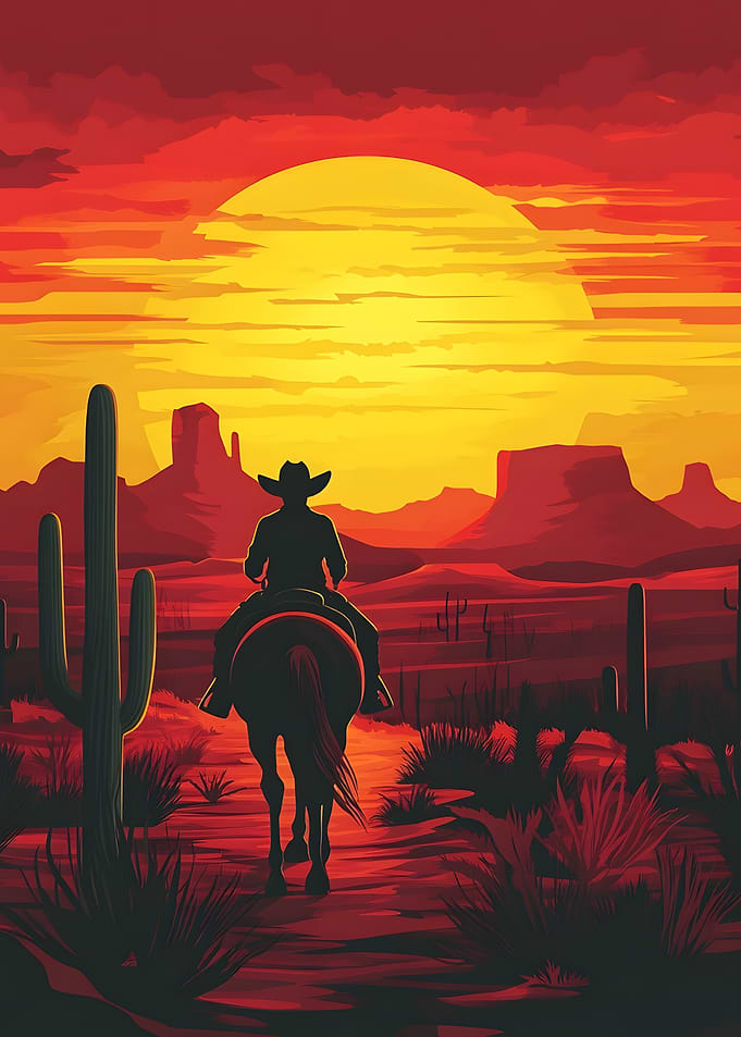 Lone Cowboy Riding into Sunset