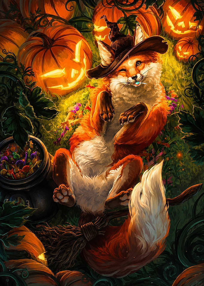 Cute Fox Witch with Halloween Pumpkins