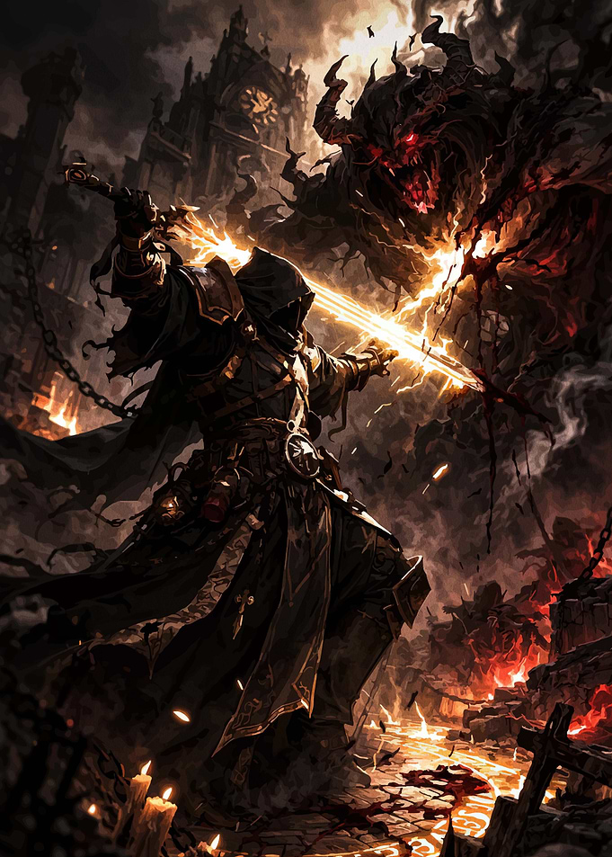 Dark Knight Battling Demonic Entity