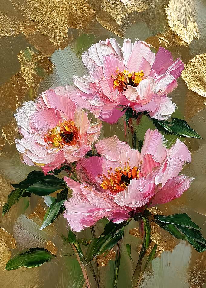 Impressionist Pink Peonies with Gold Leaf
