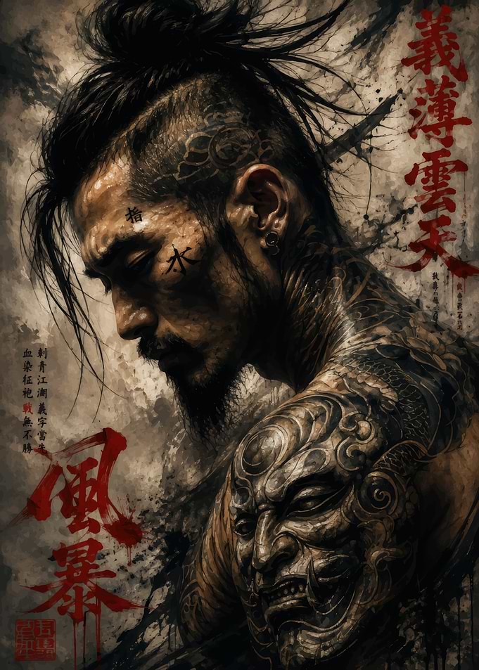 Warrior with Traditional Japanese Tattoos