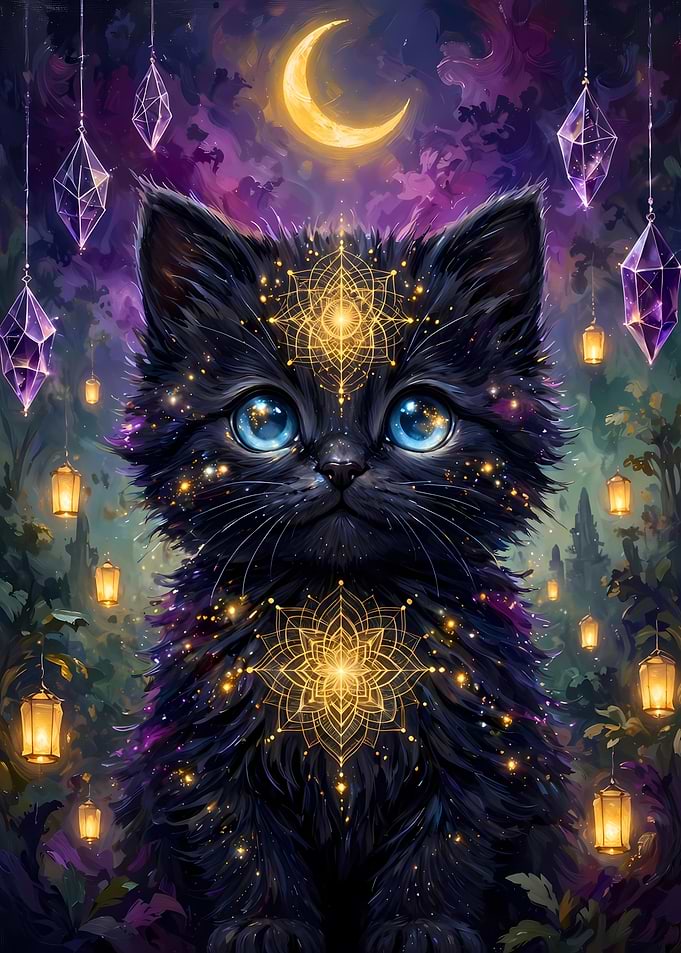 Mystical Black Kitten with Golden Mandalas
