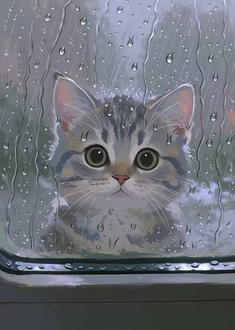 Cute Kitten Looking Through Rainy Window