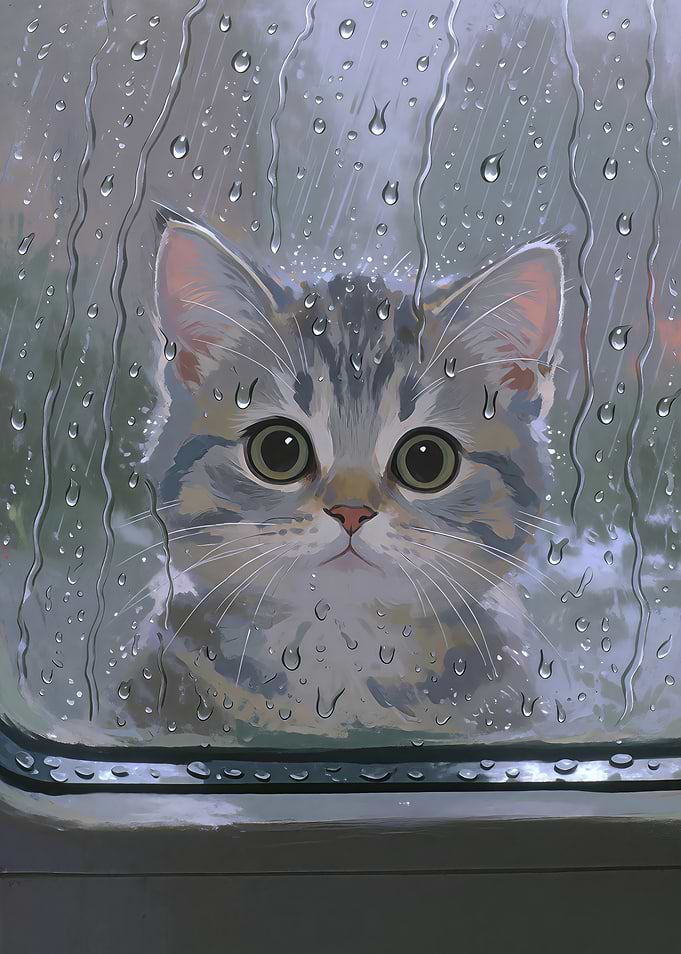 Cute Kitten Looking Through Rainy Window