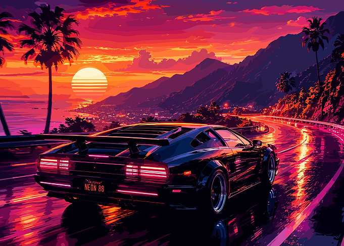 Retro Synthwave Sports Car Sunset Drive