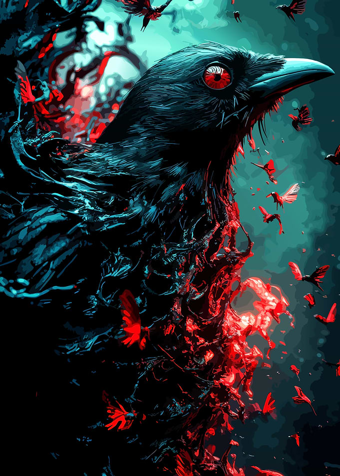 Dark Raven with Red Glowing Accents