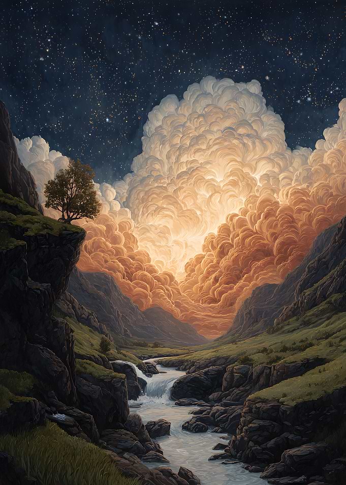 Ethereal Mountain Valley at Night