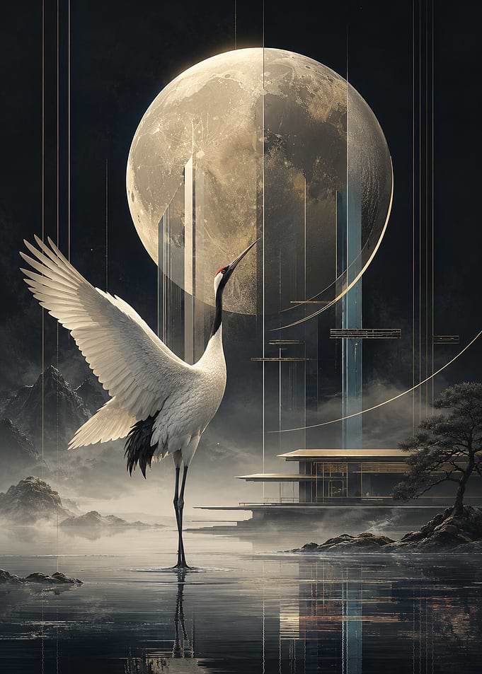 Ethereal Crane Under Full Moon