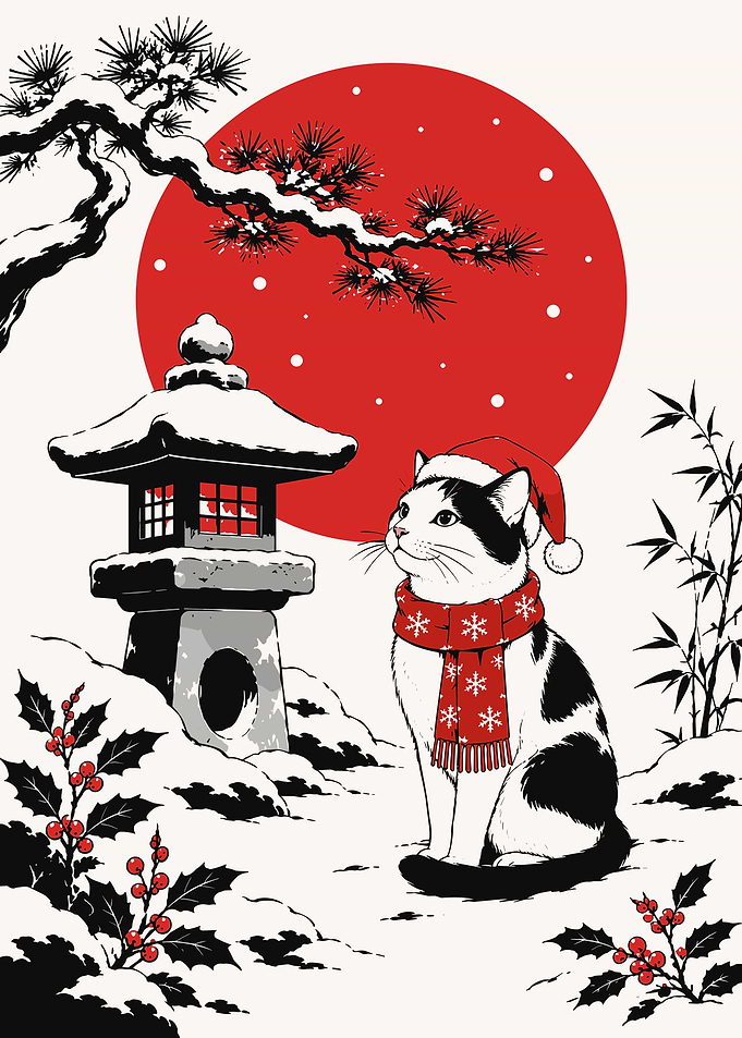 Japanese Winter Cat with Lantern