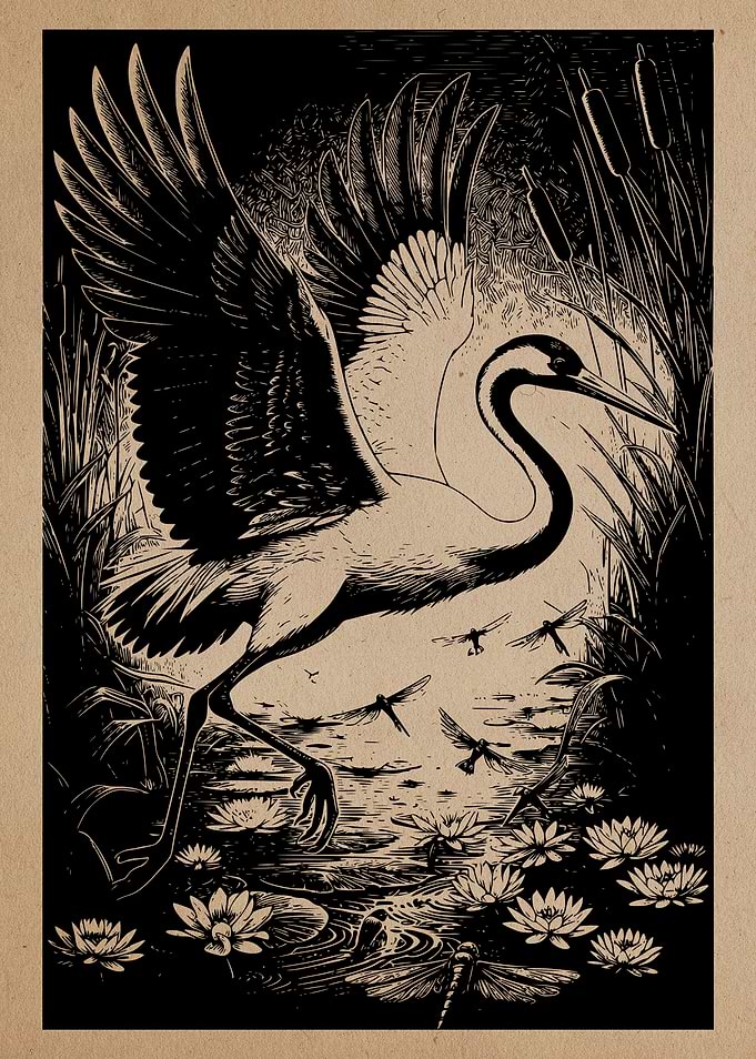 Woodcut Style Crane in Wetland