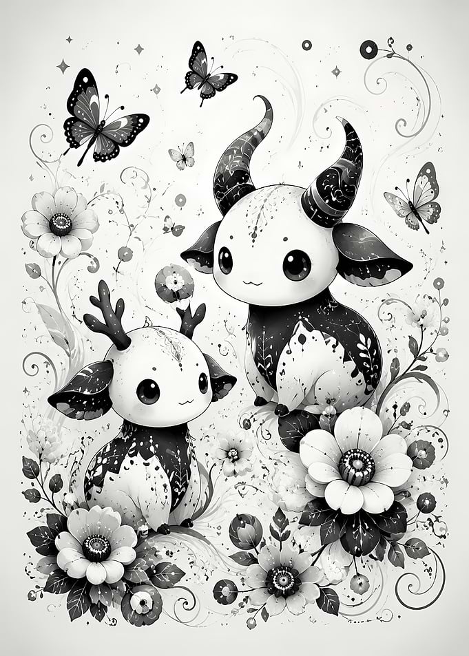 Cute Fantasy Creatures in Floral Garden