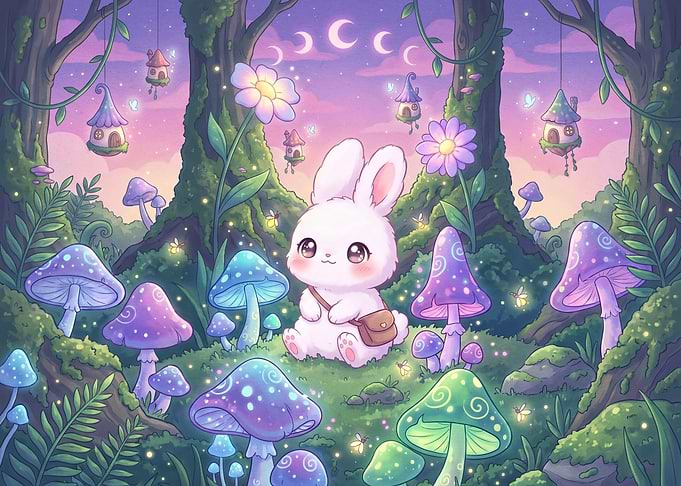 Cute Bunny in Enchanted Mushroom Forest