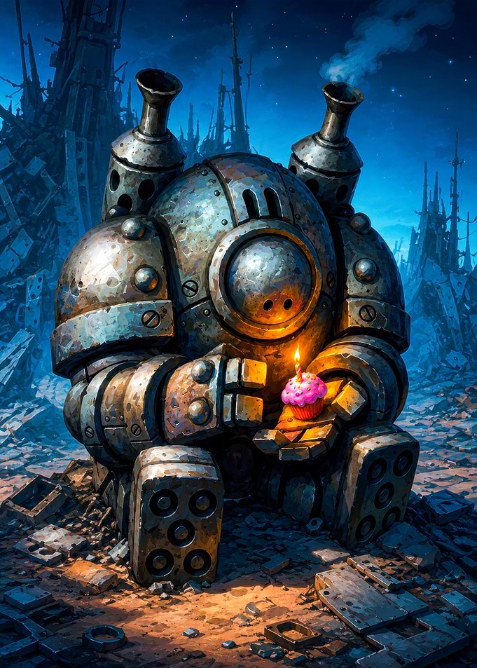Lonely Robot Celebrating with a Cupcake
