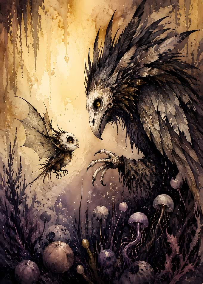 Mystical Bird Creature and Small Sprite
