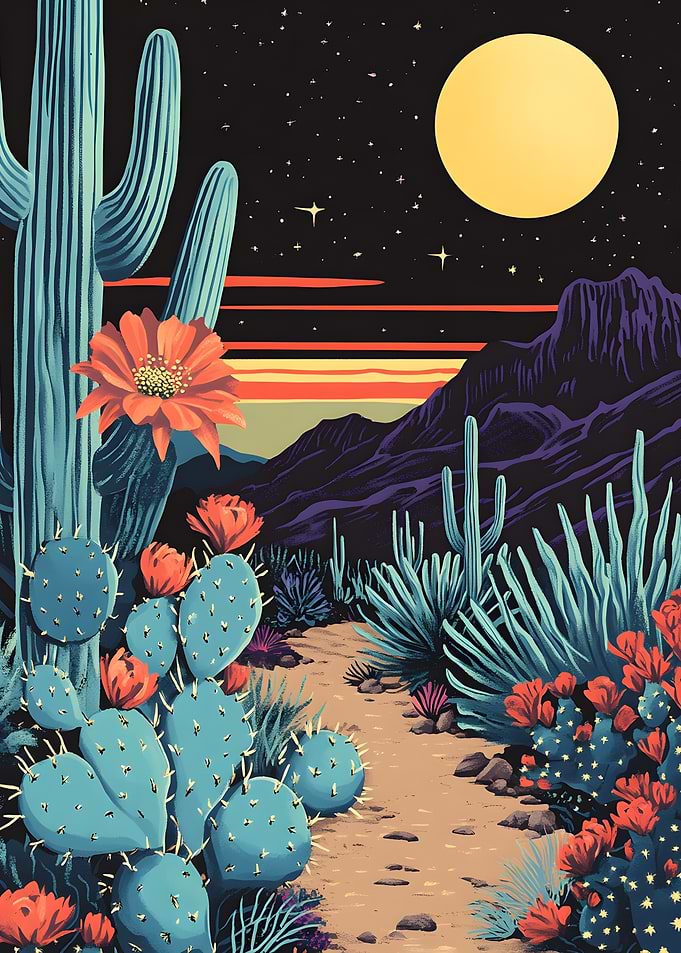 Desert Night Landscape with Blooming Cacti