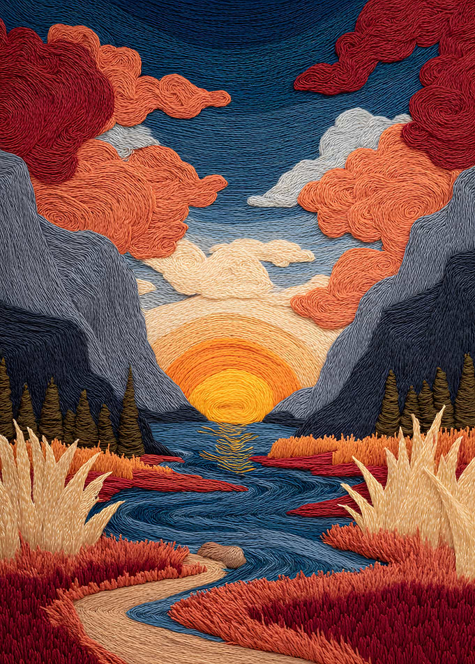 Embroidered Sunset Landscape Art